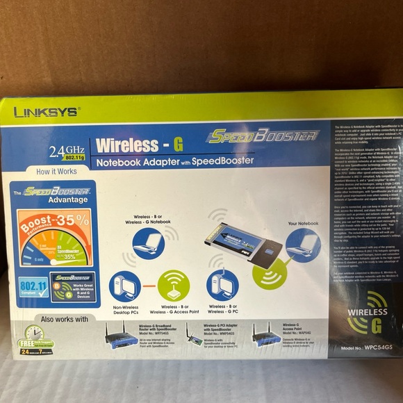 Linksys Wireless-G Notebook Adapter w/ 2.4 GHz Speed Booster NFS WPC54GS New - Picture 2 of 3